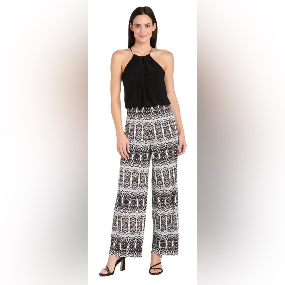 R&M Richards Black Halter Top Jumpsuit with White Patterned Wide Leg